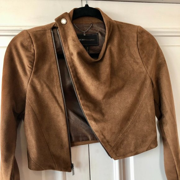 BCBGMaxAzria Vintage Cropped Vegan Suede Toffee Brown Moto Jacket - Size XXS - Picture 5 of 15